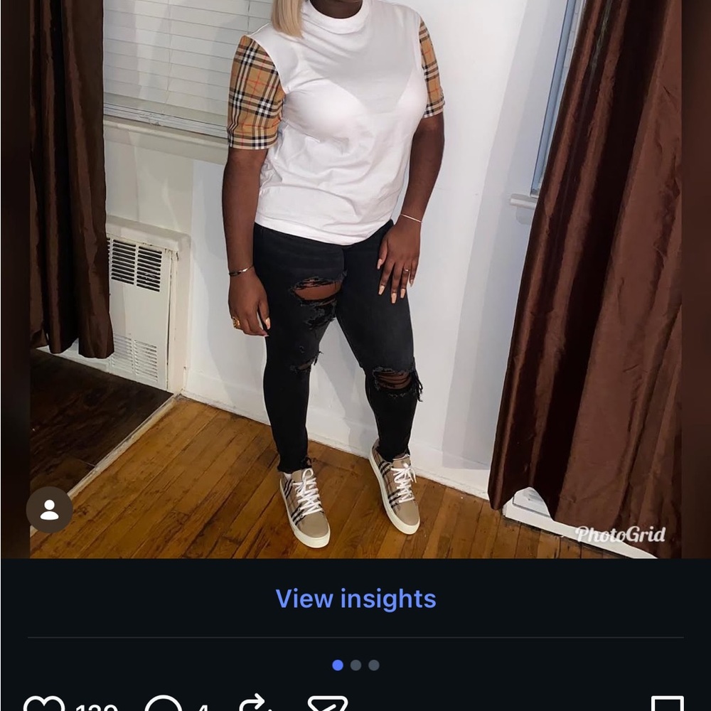 Burberry White Top with Plaid Sleeves